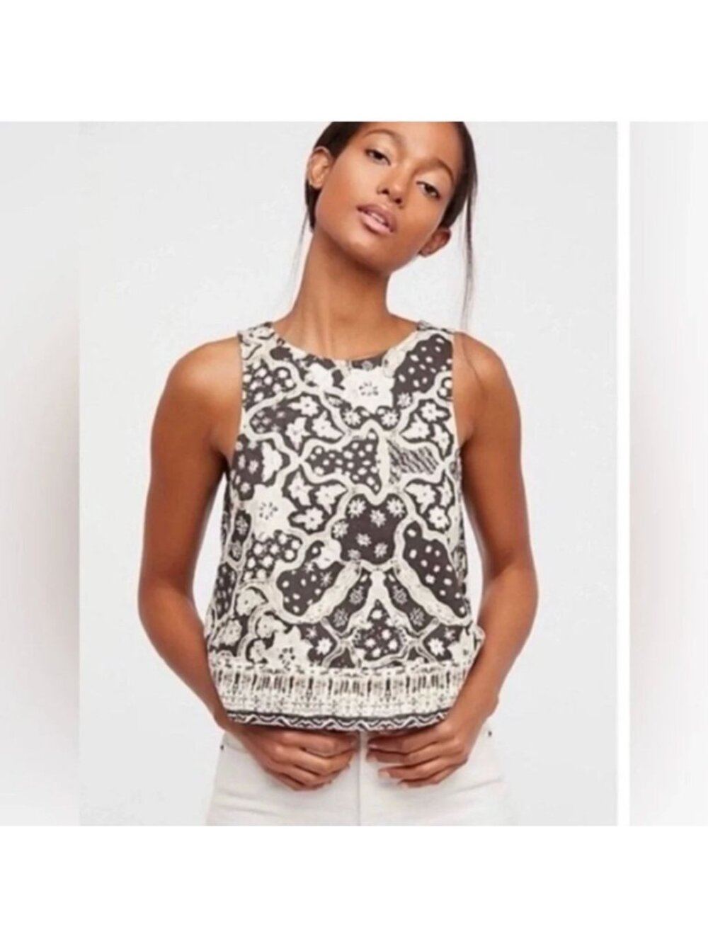 Free People Bare It All Linen Cotton Tank Top Brown Floral M